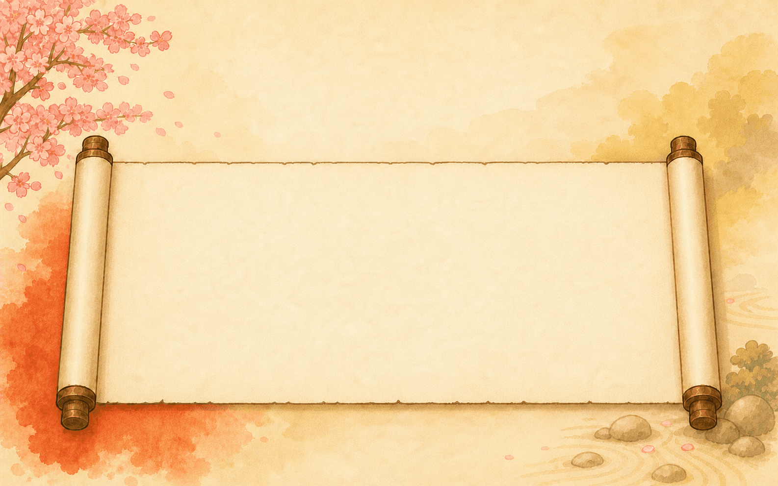 An open Japanese parchment scroll among cherry blossoms
