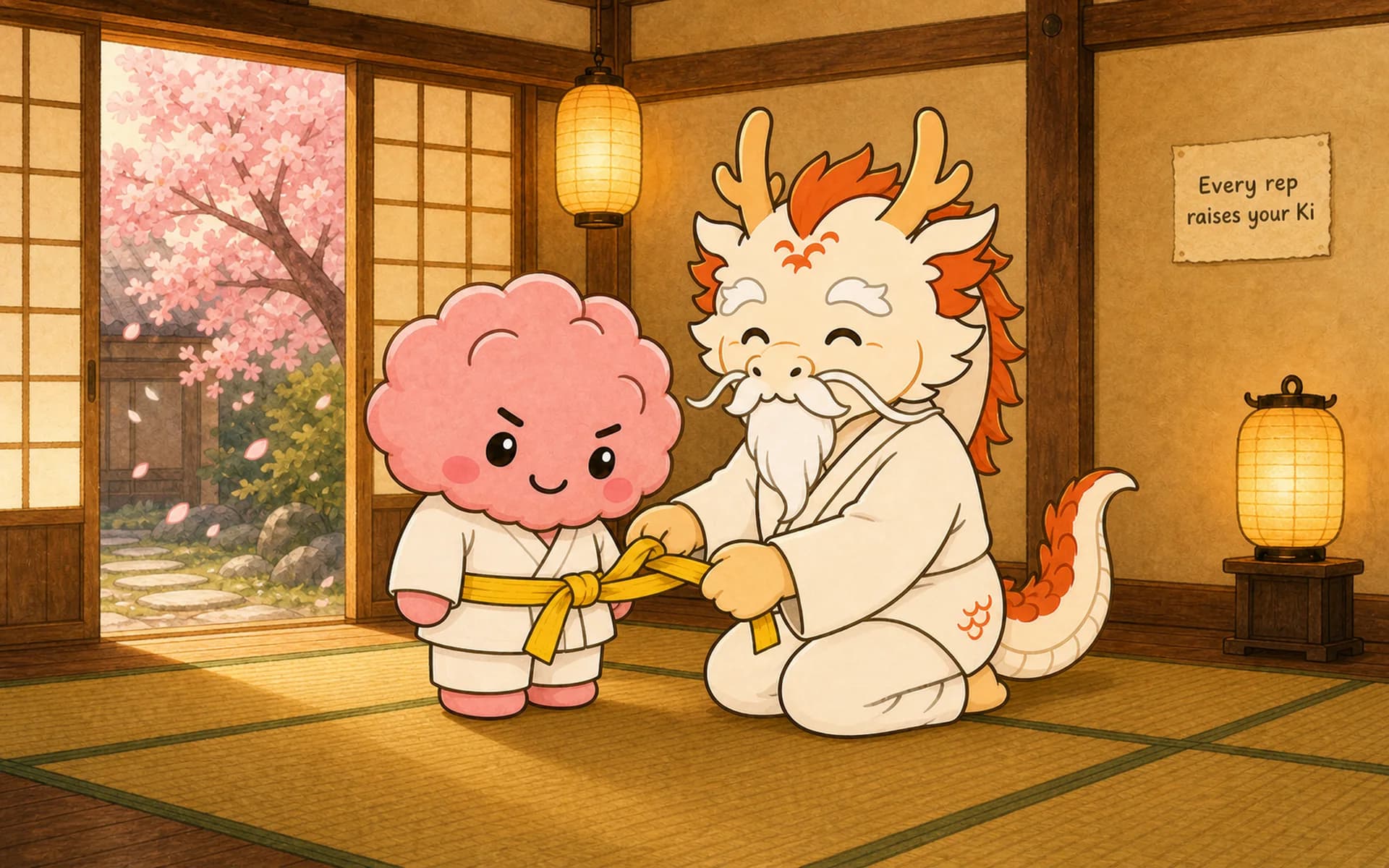 A sensei tying the Dojii mascot's new belt